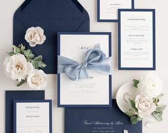 Navy Blue Wedding Invitation | Dark Blue Envelopes | Modern Monogram & Border | Dark Blue Wedding Invite | Sophisticated Modern |