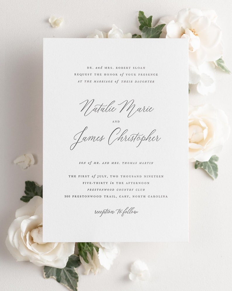 Natalie Letterpress Wedding Invitations Sample Script, Classic, Custom Styling, Timeless, Modern, Romantic, Ribbon, Vellum image 2