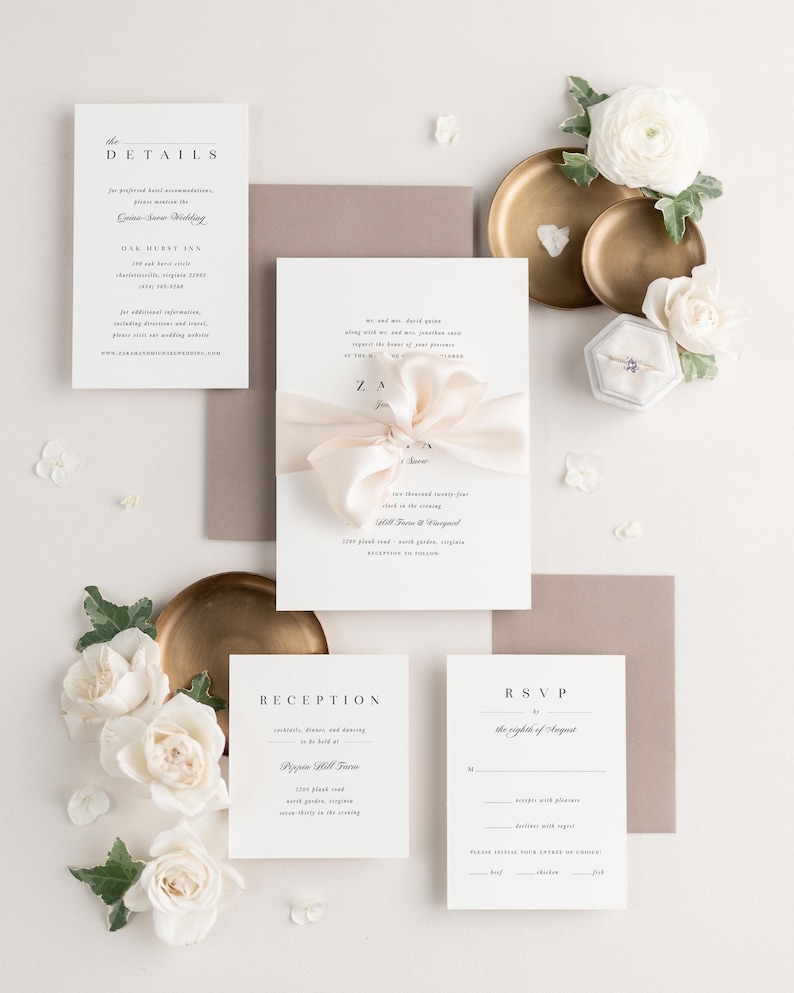 Zarah Wedding Invitations Sample Timeless, Classic Invite, Pink, Rose Gold, Ribbon, Vellum, Neutral, Script, Formal, Custom Styling image 4