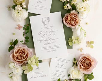 Floral Monogram Wedding Invitations: Olive Green, Custom Printed