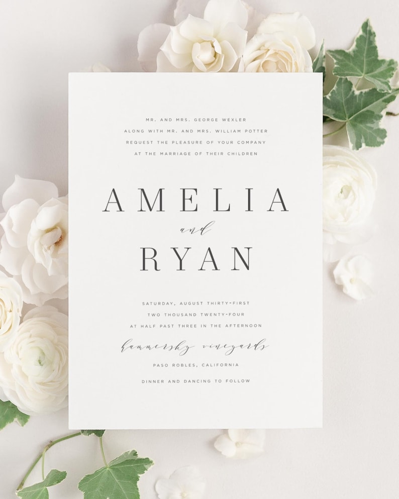 Amelia Wedding Invitations Sample Large Names, Script, Modern Invite, Classic, Timeless, Ribbon, Gray Wedding, Neutral, Custom Styling image 2