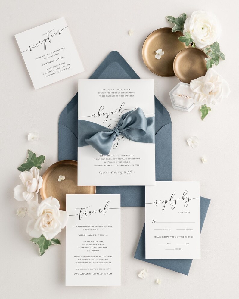 Romantic Calligraphy Wedding Invitations Deposit Blue Invitations, Classic, Timeless, Ribbon, Script image 4