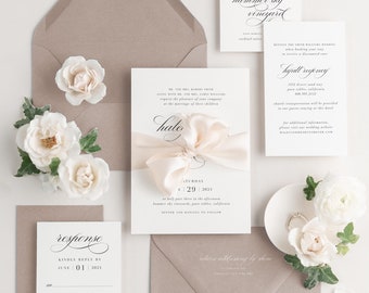 Rose Gold Wedding, Haley Vellum Wedding Invitations - Deposit - Script Invite, Timeless, Classic, Blush, Calligraphy, Simple, Large Names