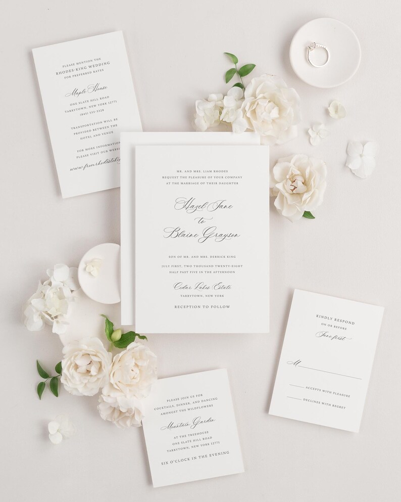 Hazel wedding invitations with elegant script font and matching enclosures
