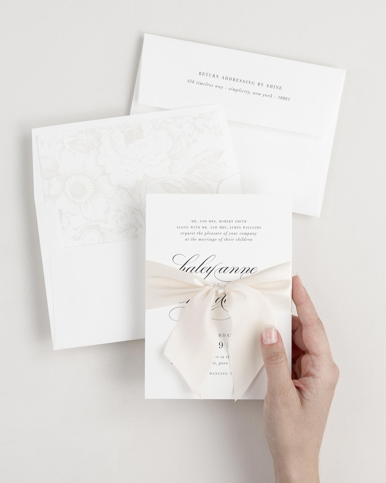 Haley Ribbon Wedding Invitations Deposit Script Invite, Timeless, Classic, Calligraphy, Vellum, Large Names, Pink, Blush, Rose Gold image 1