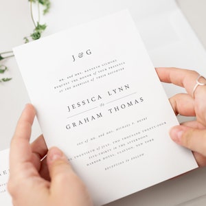 Neutral Wedding Jessica Vellum Wedding Invitation Deposit Monogram Invite, Timeless, Classic, Grey, Tan, Serif Font, Ribbon, Simple afbeelding 3