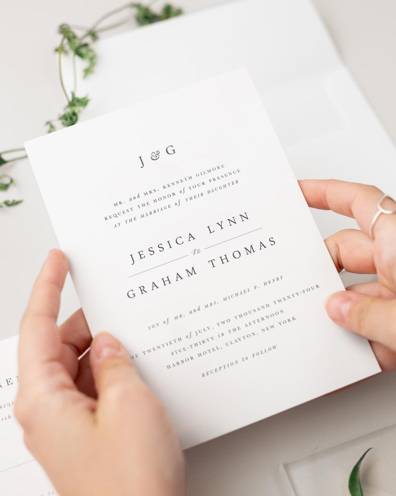 Neutral Wedding Jessica Vellum Wedding Invitation Deposit Monogram Invite, Timeless, Classic, Grey, Tan, Serif Font, Ribbon, Simple afbeelding 3