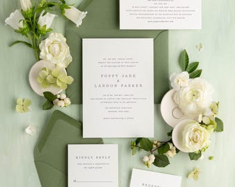Moss Green Wedding Invitation Set: Minimalist Poppy Design