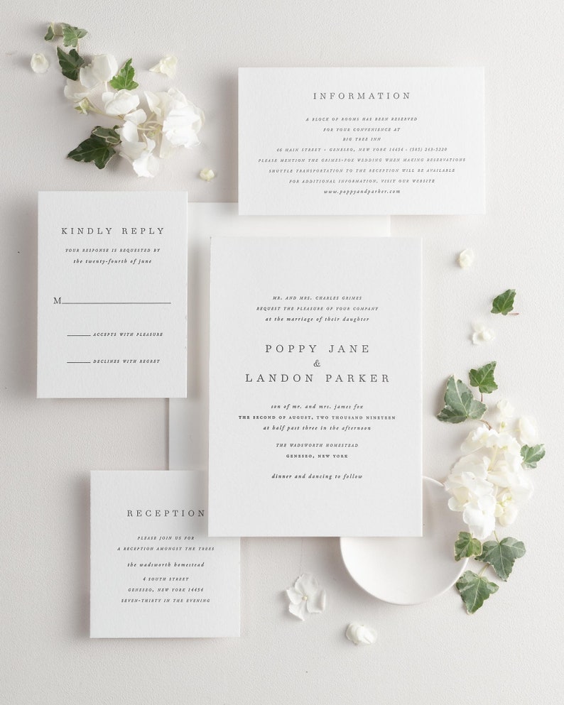 Poppy Letterpress Wedding Invitations Sample Simple Invite, Serif, Large Names, Classic, Timeless, Ribbon, Neutral, Custom Styling image 3