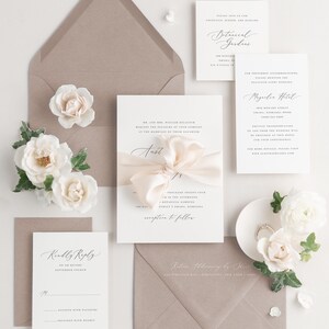 Austin Letterpress Wedding Invitations Deposit Script Invite, Calligraphy, Classic, Timeless, Ribbon, Pink Wedding, Rose Gold, Blush image 3