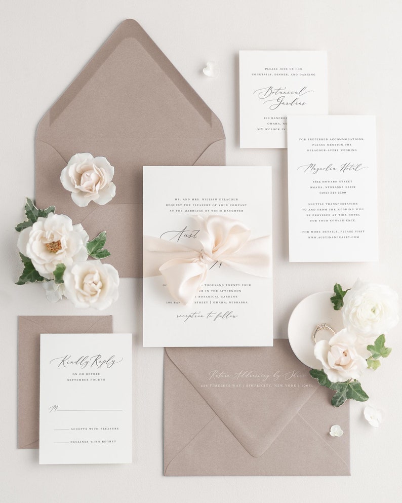 Austin Letterpress Wedding Invitations Deposit Script Invite, Calligraphy, Classic, Timeless, Ribbon, Pink Wedding, Rose Gold, Blush image 3