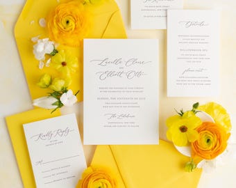 Bright Yellow Wedding Invitations: Vellum, Wax Seal, Lucille Design