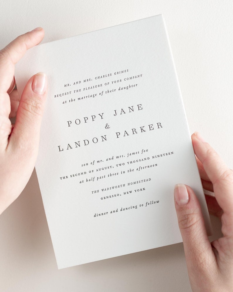 Poppy Letterpress Wedding Invitations Sample Simple Invite, Serif, Large Names, Classic, Timeless, Ribbon, Neutral, Custom Styling image 1