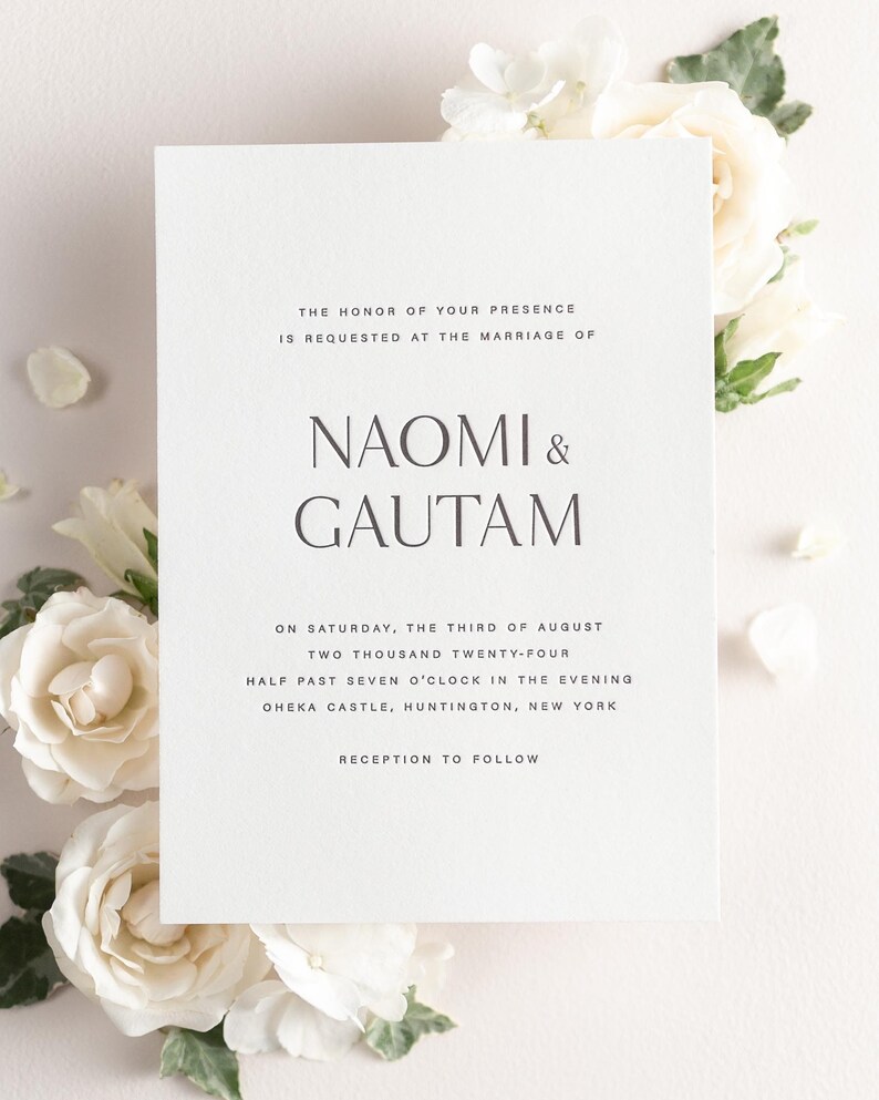 Naomi Letterpress Wedding Invitations Sample Modern Invite, Large Names, Classic, Timeless, Blue, Ribbon, Bold, Pastel Wedding, Vellum image 1