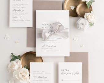 Neutral Wedding Invitations: Simple Script with Ribbon