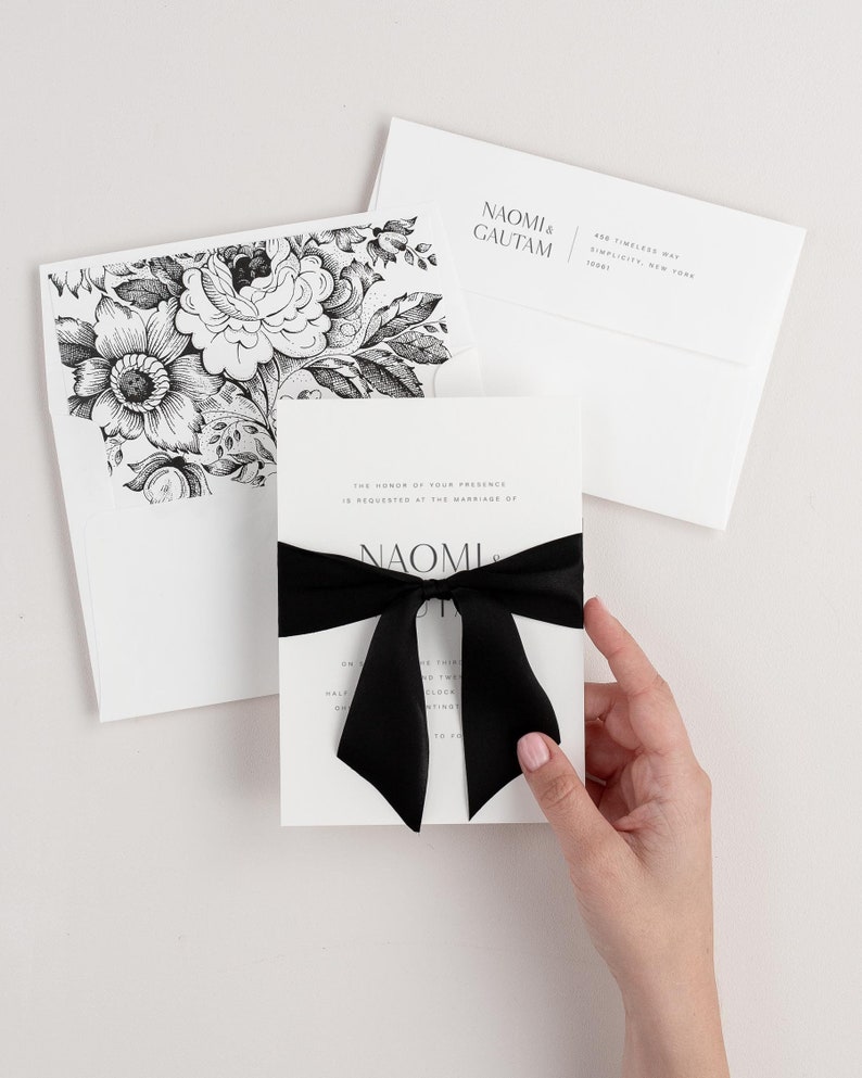 Black and White Wedding Invitations Modern Block Font Ribbon, Bow Black Wedding Invite Black Envelopes Black Tie Naomi Deposit image 3