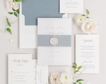 Dusty Blue Wedding Invitations: Vellum Jacket, Wax Seal