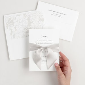 Neutral Wedding Jessica Vellum Wedding Invitation Deposit Monogram Invite, Timeless, Classic, Grey, Tan, Serif Font, Ribbon, Simple afbeelding 7