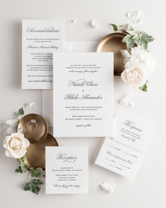 Classic Script Letterpress Wedding Invitations Deposit Calligraphy