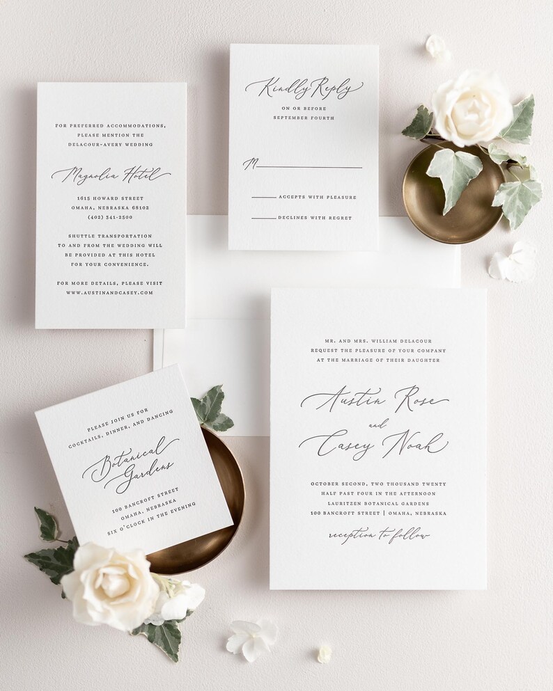 Austin Letterpress Wedding Invitations Deposit Script Invite, Calligraphy, Classic, Timeless, Ribbon, Pink Wedding, Rose Gold, Blush image 2