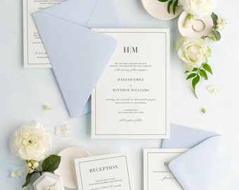 Light Blue Monogram Wedding Invitations: Bordered Glam Monogram Design