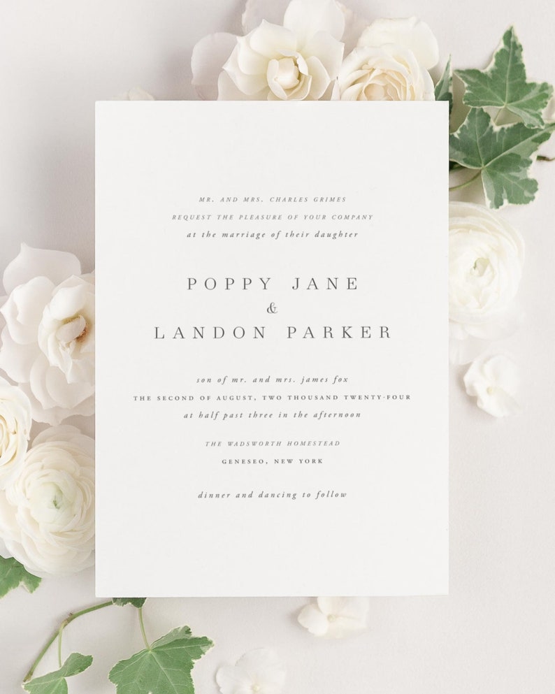 Poppy Wedding Invitations Sample Simple Invite, Serif, Large Names, Classic, Timeless, Ribbon, Gray, Grey, Neutral, Custom Styling image 2