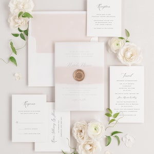Natalie Ribbon Wedding Invitation Deposit Script Invite, Modern, Blush ...