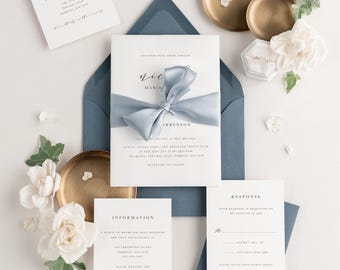 Dusty Blue Wedding Invitations | Modern, Elegant | Custom Printed | Choose Paper, Ink, Envelopes, Embellishments | Nicole Design |
