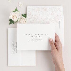 Zarah save the date envelopes with guest addressing, return addressing, and a garden rose envelope liner.