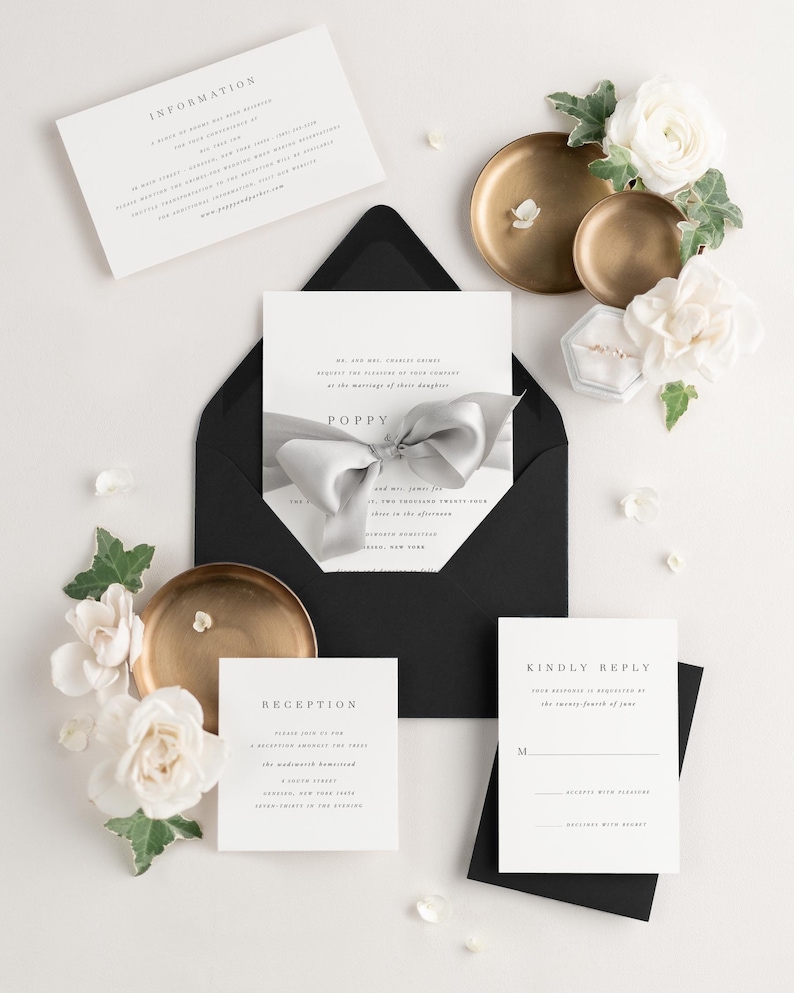 Poppy Wedding Invitations Sample Simple Invite, Serif, Large Names, Classic, Timeless, Ribbon, Gray, Grey, Neutral, Custom Styling image 4