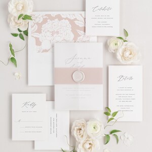 Sienna Vellum Wedding Invitations: Rose Gold Ribbon, Classic Script