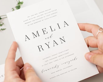 Amelia Wedding Invitation - Deposit - Large Names, Calligraphy, Modern Invite, Classic, Timeless, Ribbon, Gray Wedding, Neutral, Vellum