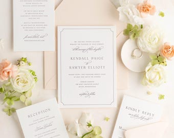 Peach Wedding Invitations: Clean Bordered Custom Print