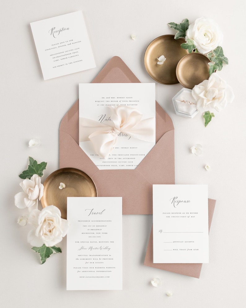Natalie Letterpress Wedding Invitations Sample Script, Classic, Custom Styling, Timeless, Modern, Romantic, Ribbon, Vellum image 5