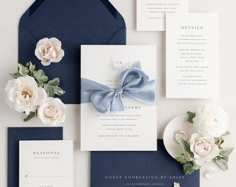 Navy Blue Ribbon Wedding Invitations | Floral, Crest, Monogram | Choice of Paper, Ink, Envelopes & Embellishments | Emily Design |