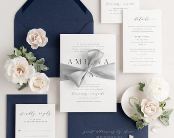Navy Wedding Invitations: Modern Calligraphy, Ribbon Detail