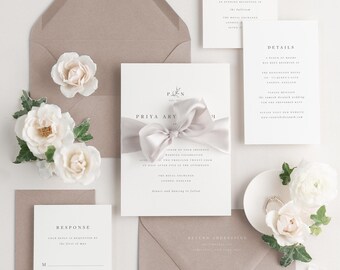 Tan Ribbon Wedding Invitation: Custom Monogram, Priya Design