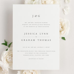 Neutral Wedding Jessica Vellum Wedding Invitation Deposit Monogram Invite, Timeless, Classic, Grey, Tan, Serif Font, Ribbon, Simple afbeelding 6