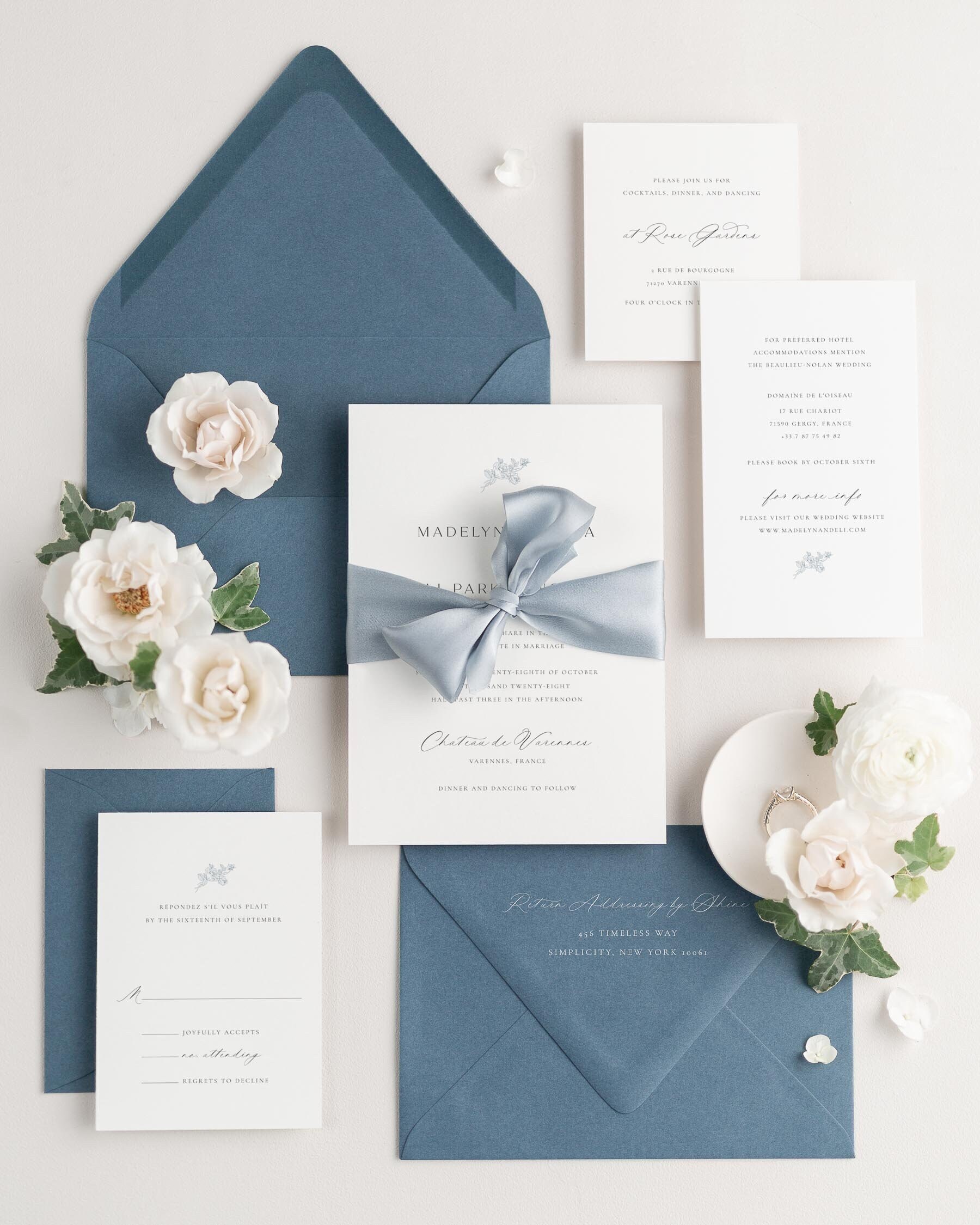 Dusty Blue Wedding Invitations | Floral, Simple | Custom Printed | Choose Paper, Ink, Envelopes, Embellishments | Madelyn Design |
