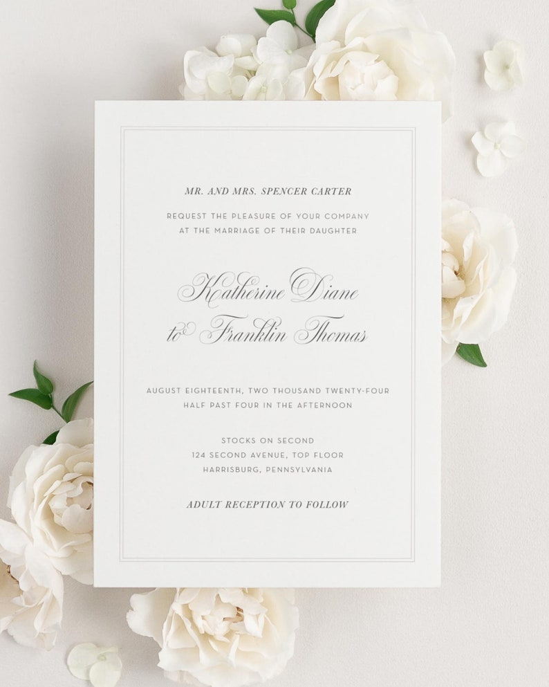 Simply Classic Wedding Invitations Sample Script Invite, Elegant, Classic, Timeless, Ribbon, Green, Stone, Border, Custom Styling, Deco image 1