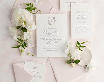 Floral Monogram Wedding Invitations: Pale Pink, Custom Printed