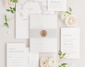 Elegant Wedding Invitations: Custom Design, Vellum Jacket & Wax Seal