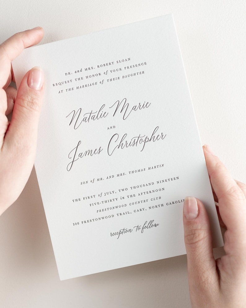 Natalie Letterpress Wedding Invitations Sample Script, Classic, Custom Styling, Timeless, Modern, Romantic, Ribbon, Vellum image 1