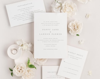 Poppy Classic Wedding Invitations - Deposit - Simple, Timeless, Serif, Block Font, Ribbon, Vellum, Greenery