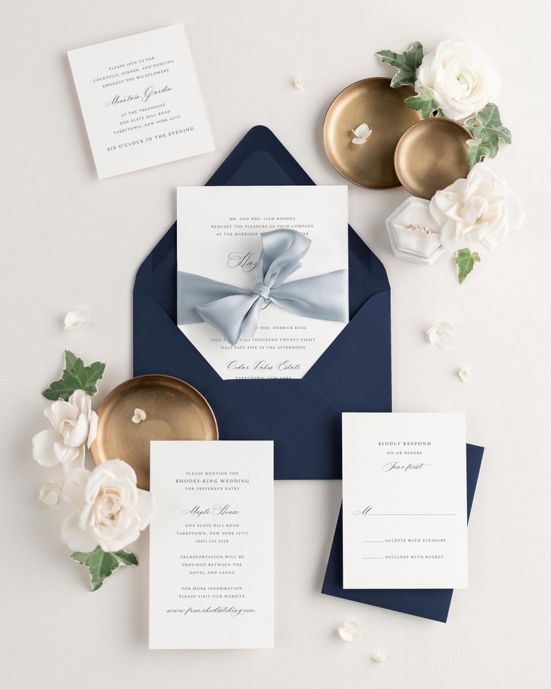 Hazel Wedding Invitation Deposit Script Invite, Calligraphy, Traditional, Classic, Timeless, Ribbon, Blue Wedding, Cloud, Vellum image 4