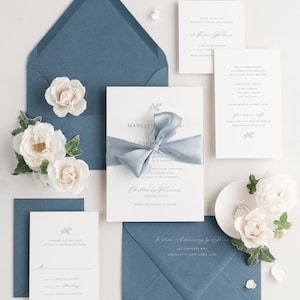 Dusty Blue Floral Wedding Invitations: Custom Madelyn Design