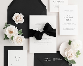 Black and White Wedding Invitations | Modern Block Font | Ribbon, Bow | Black Wedding Invite | Black Envelopes | Black Tie | Naomi |