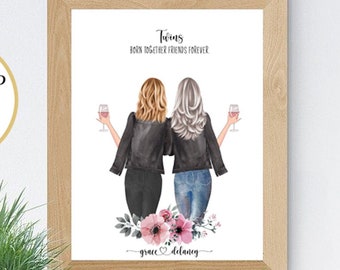 Twin Sisters Print, Custom Best Friends Print, Personalized Birthday Gift for Twin Sister