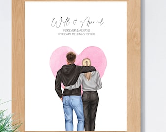 Custom Couple Print, Boyfriend Gift Idea, Girlfriend Anniversary Present, Couple Portrait, Engagement Gift