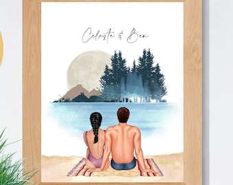 Custom Wall Art, Anniversary Gift for Couple, Boyfriend or Girlfriend Present, Couple Sitting on Beach